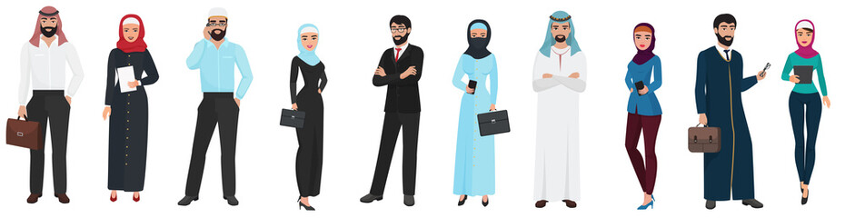 Muslim Arabic Business people. Arab office male and female cartoon characters set.