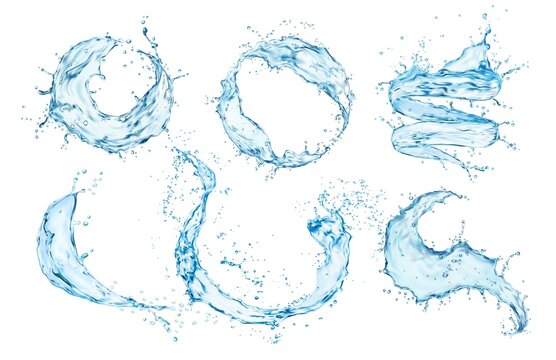 Isolated Swirl Transparent Realistic Water Splash Set With Drops. Vector Liquid Wave Flow, Splashing Swirl Aqua Dynamic Motion With Spray Droplets, Fresh Drink Transparent Vector