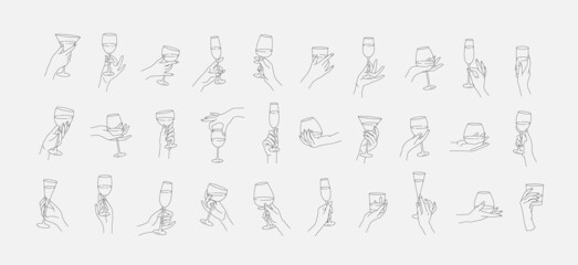 Collection of different woman hands gestures hold wineglass or drink cocktails. Minimal linear trendy style. Line icons or symbol of female hand for logo in restaurant or bar. Vector
