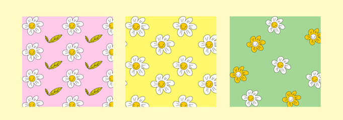 1970 trippy pattern daisy flowers. Groovy chamomile seamless pattern. Hippie smile face,chamomile flower, hippy, 60s, 70s