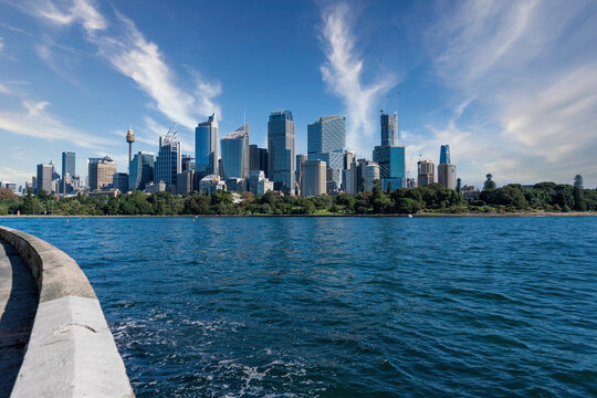 View of Park and modern cityscape from Royal Botanic Garden landscape with Sydney skyline. Australia