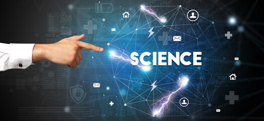 Hand pointing at inscription concept