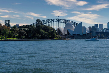 View of Sydney Opera House and Sydney Bridge, view from the Royal Botanical Garden in Sydney,...