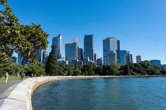 View of Park and modern cityscape from Royal Botanic Garden landscape with Sydney skyline. Australia