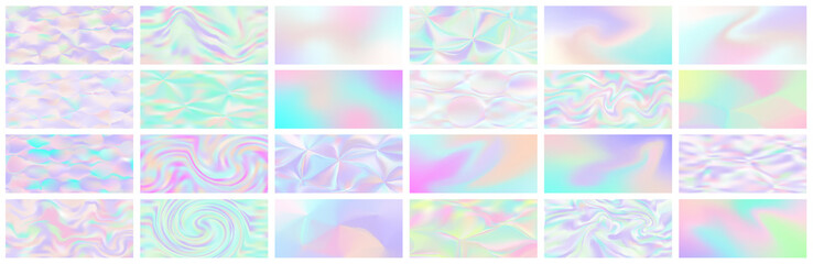 Set of holographic gradient background. Abstract retro furistic cover set. 90s, 80s style for brochure, banner, flyers. Pastel neon rainbow metallic texture. Iridescent foil or glitch. Vector