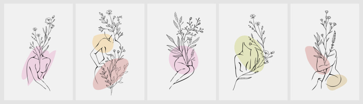 Concept art of blossom beauty. Elegant linear woman with floral branch and wildflowers. Minimalistic female figure and face. Vector art of femininity and beauty for logo or wall art. Botanical