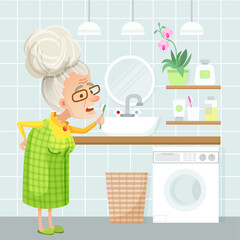 Vector illustration of a bathroom interior in pleasant light blue colors. Old lady brushing her teeth in bathroom. Sink, mirror, flower, cosmetics, towel, laundry basket, washing machine.