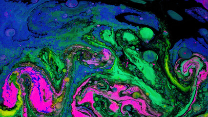 Fototapeta na wymiar Bright fluid art with acidic colors and bubbles. Stock footage. Liquid mixing patterns of bright colors with bubbles on flat surface. Acidic colorful patterns
