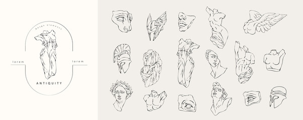Vector set of logo with antique sculptures. Vector illustration with classical Sculpture for card poster T-Shirt or printing. Contemporary hand drawn mythical collection in line design style. Vector