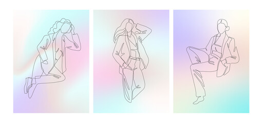 Set of elegant poster with abstract linear woman on liquid holographic gradient. Minimalistic female figure and face. Vector concept art of femininity and beauty. Vector