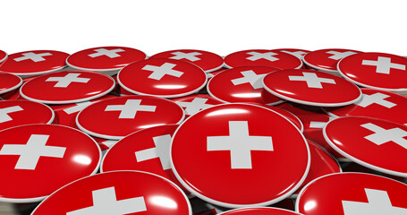 3D rendering of Switzerland flag pins on a wooden table for politics, support and nationalism