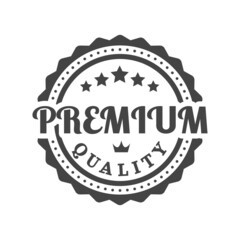 Premium quality label with stars and crown. Black vector sticker, stamp or badge.