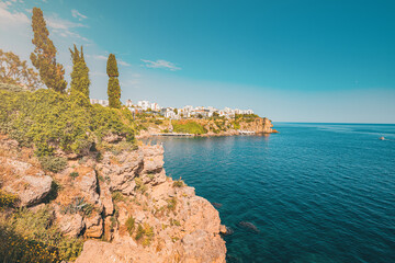 Fototapeta premium Lara district of a resort town of Antalya, Turkey situated on a high cliff. Vacation and coastline concept