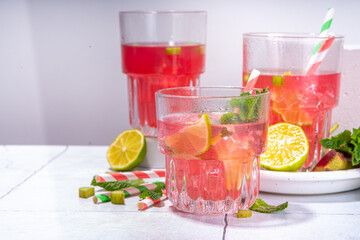 Refreshing homemade pink rhubarb lemonade. Cold summer drink raw rhubarb, lime slices and mint, copy space