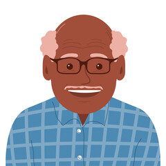 Portrait of a old young man with a happy smile. African American grandfather face with glasses. Gray hair. Dressed in a shirt. Flat vector illustration isolated on white background
