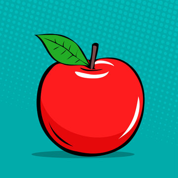 Red apple with leaf. Appetizing fruit for a healthy diet. Natural food. Vector illustration hand drawn. Pop art style