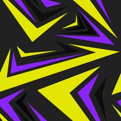 purple yellow Abstract seamless chaotic pattern with lightning, checkers square taxi, line shape. Black background for a boy. Creative modern wallpaper in bright neon colors. Seamless pattern for spor