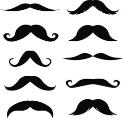 Mustaches symbols. Vintage male mustaches silhouette, funny black mustaches vector illustration set. Retro gentleman mustaches. Hipster man element for photo. Different accessories collection