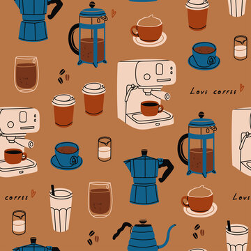 Coffee brewing equipment. Various coffee elements. French press, coffee machine, mug, cup, milk pitcher, moka, kettle. Coffee lovers theme. Hand drawn Vector illustration. Square seamless Pattern