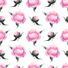 Watercolor seamless pattern of pink watercolor peonies flowers and buds. Hand-drawn floral fabric and wallpaper design. Delicate summer wrapping paper print
