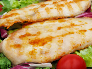 Grilled chicken breast with green salad and tomatoes close up view