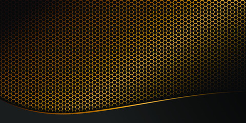 Abstract gold hexagon grid background image below with golden curved edge bands. vector illustration