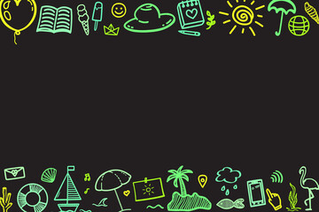 Colored neon holiday elements on isolated black background. Sketchy doodles. Summer relax