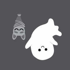 Ghost with sleeping bat. Cartoon, flat, vector