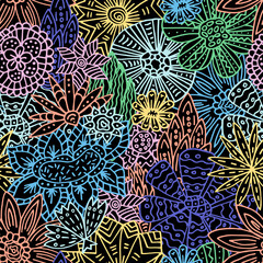Strange flowers. Seamless colorful pattern in doodle style. Line art, vector
