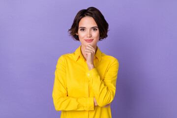 Photo of sweet millennial lady hand face wear yellow shirt isolated on purple color background