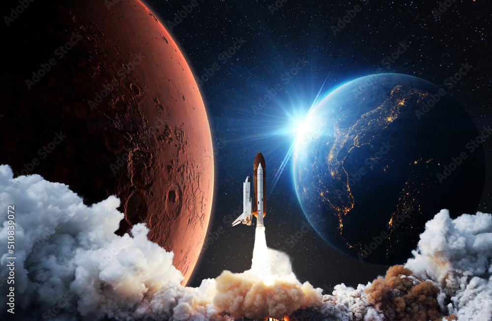 Poster New space rocket shuttle successfully takes off into space with the red planet Mars and the blue planet Earth with rays of sunlight. Space Mission. Success Launch Start Up concept