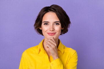 Photo of thinking millennial lady hand face wear yellow shirt isolated on purple color background
