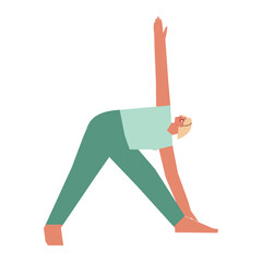 Vector isolated illustration with flat female character. Sportive woman learns Strengthening posture Utthita Trikonasana at yoga class. Fitness exercise - Extended Triangle Pose