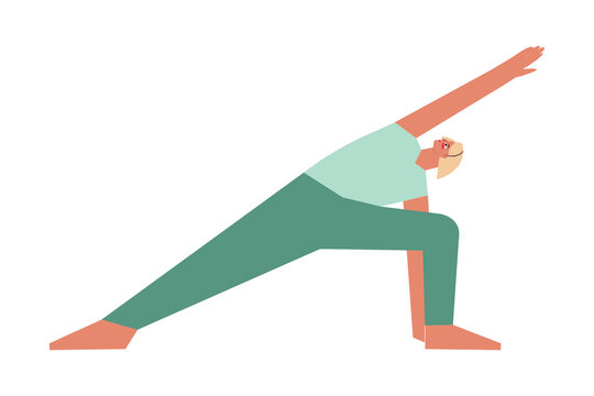 Vector isolated illustration with flat female character. Sportive woman learns Standing posture Utthita Parsvakonasana at yoga class. Fitness exercise - Extended Side Angle Pose