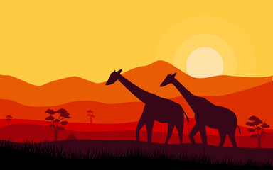 Fototapeta na wymiar savanna sunset illustration with giraffe 