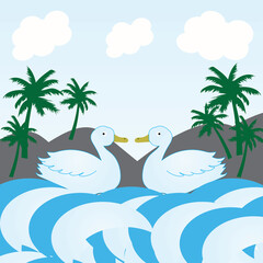 tropical island with palm trees and geese