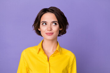 Photo of cute milennial ceo lady look promo wear yellow shirt isolated on violet color background