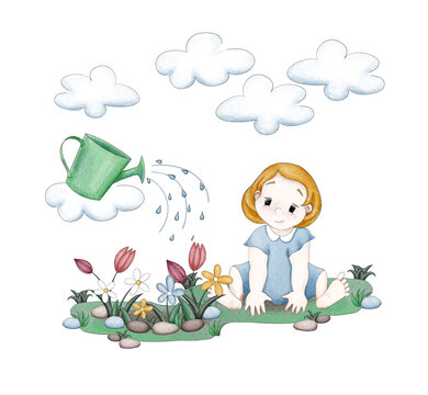 A cute little cartoon girl in a light summer dress sits on the grass. There are clouds over her. The girl watches the rain waters the flowers. Digital illustration in watercolor style