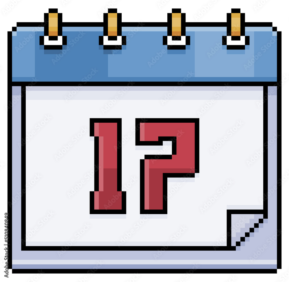 Poster pixel art calendar with date 17. day 17. holiday day 17 vector icon for 8bit game on white backgroun