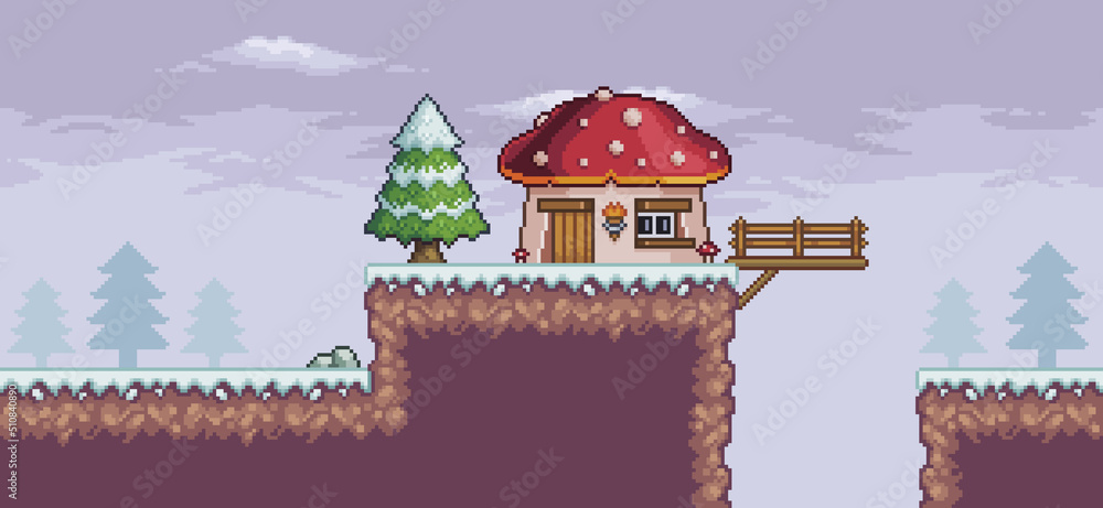 Poster pixel art game scene in snow with pine trees, house, bridge and clouds 8bit backgroundt vector