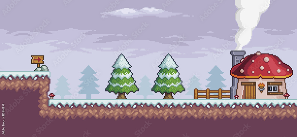 Aufkleber pixel art game scene in snow with pine trees, house, fence and clouds 8bit backgroundt vector