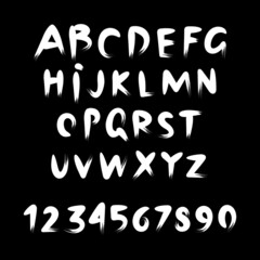 White Paint Font, alphabet. Ink brush stroke. Letters and numbers. flat style