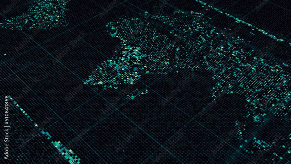 Poster abstract colorful particles create world map that flowing on black background, seamless loop. animat