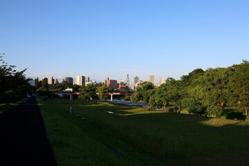 Cityscape seen from the Hirose River riverbed in the evening