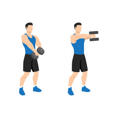 Fototapeta na wymiar Man doing Two handed dumbbell front raise exercise. Flat vector illustration isolated on white background