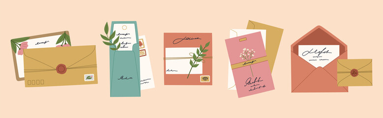 Set of different colored envelopes with seals and stamps, romantic postcards and letters with flowers. Hand drawn vector illustration isolated on yellow background. Flat cartoon style.