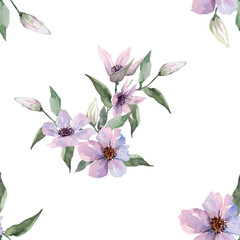Floral seamless pattern bouquets of lilac clematis flowers. Tropical liana pattern. Hand drawn watercolor on white background for fabric design, textile, wallpaper, wrapping, print, scrapbooking.