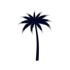 African Rainforest Coconut Tree or Tropical Palm Tree on White Background. Simple Black Silhouette for Eco Floral Logotype Emblem in Retro Art, or Travel Logo Design