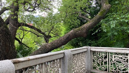 The retro handrail over the entry to the bridge of Kanda river, central Tokyo Ochanomizu street to...