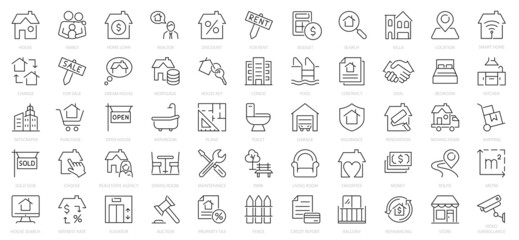 Real estate icons set. Set of 55 Real estate outline icons collection. Rent, building, agent, house, auction, realtor, property, mortgage, home and more. - obrazy, fototapety, plakaty